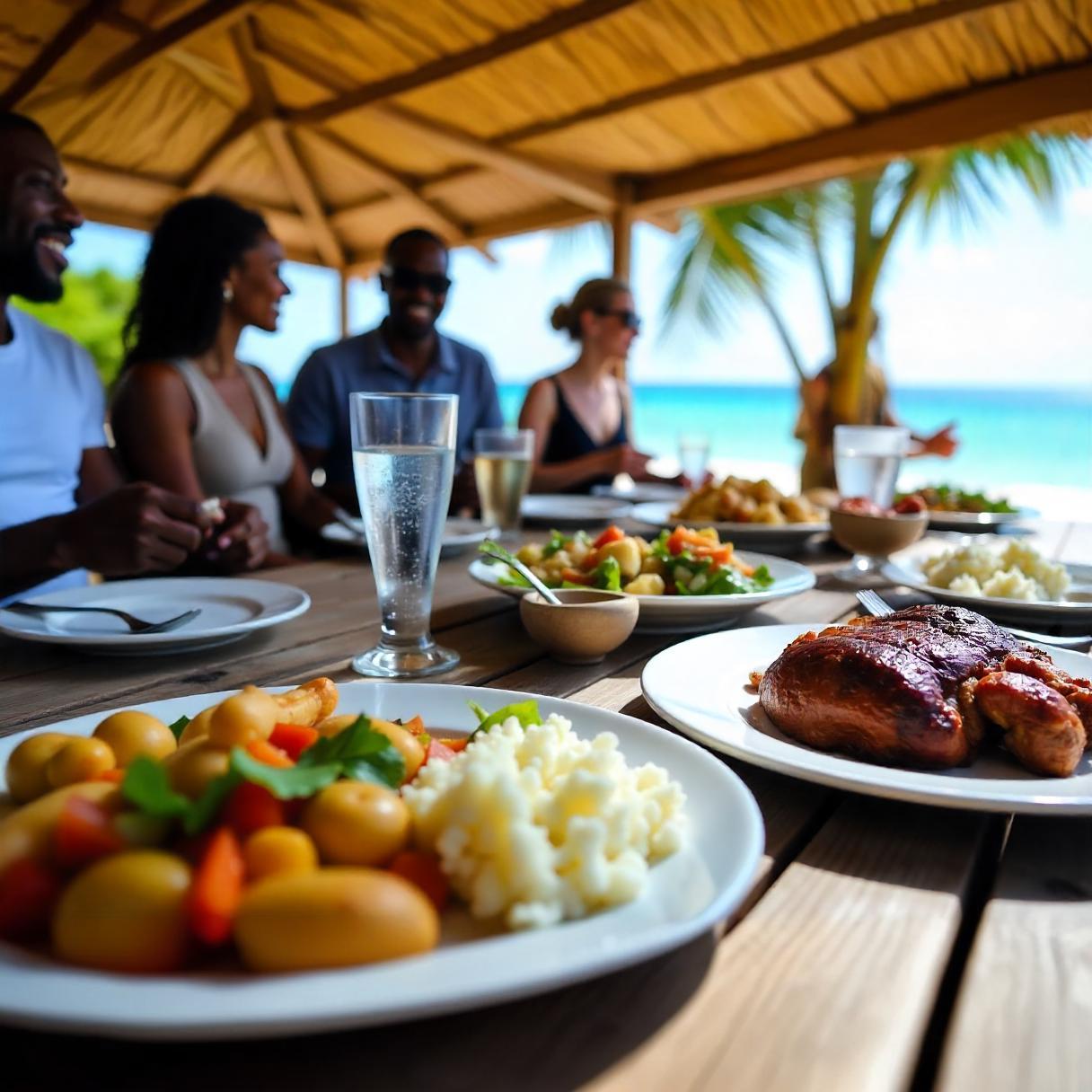 Group of friends sitting in the shade enjoying lunch in the BVI.