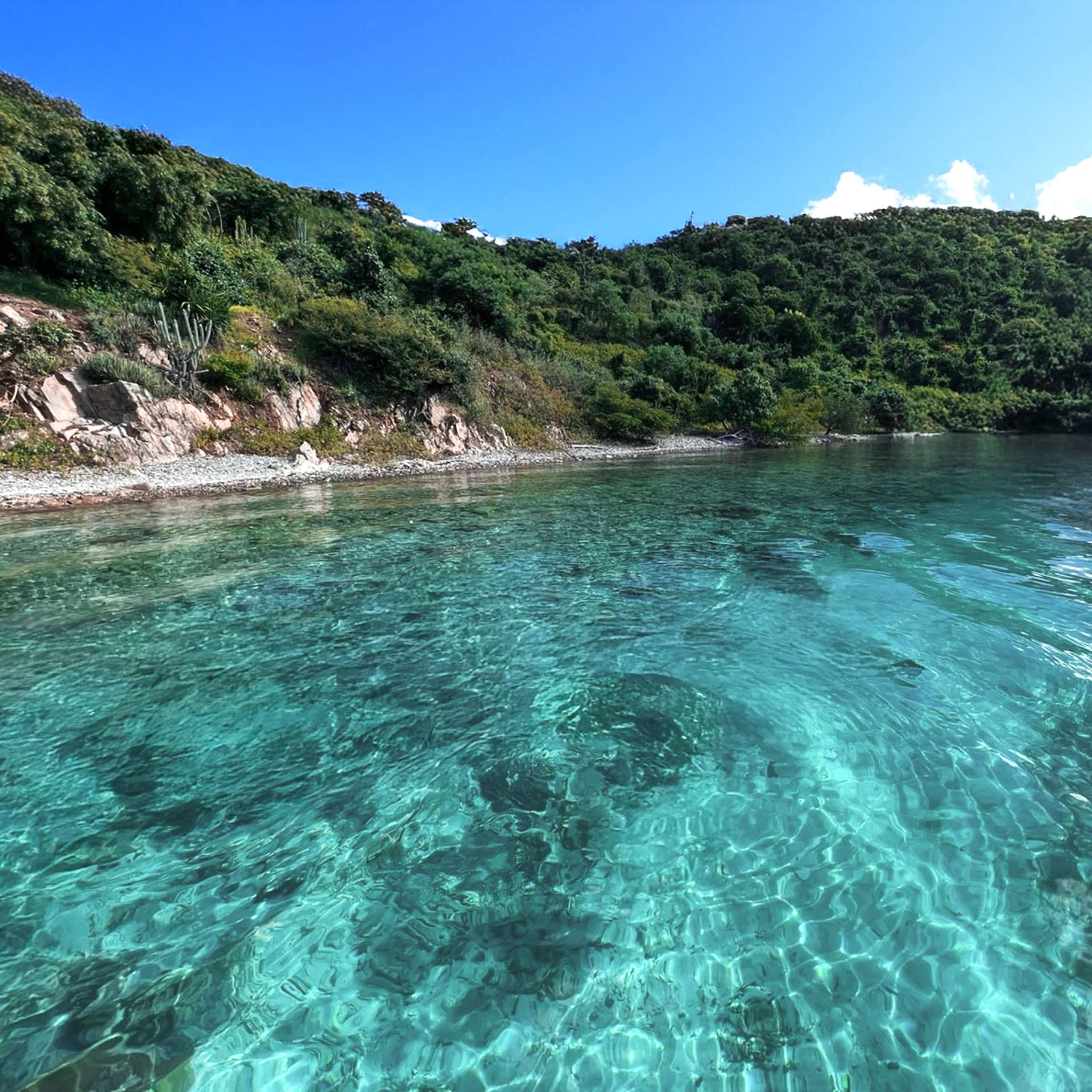 Quiet and calm anchorage in Little Harbour, Peter Island, BVI. Crystal Clear water perfect for a day trip snorkel.