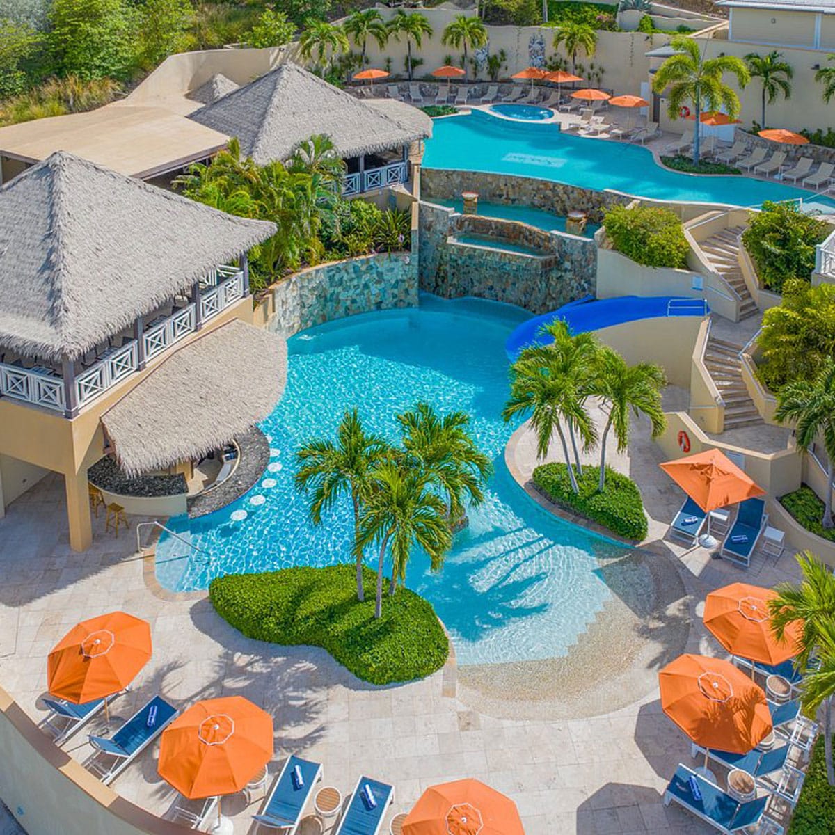 Overhead view of the exclusive Scrub Island Resort pool area. Open to Celtic Powerboat visitors but at a cost.