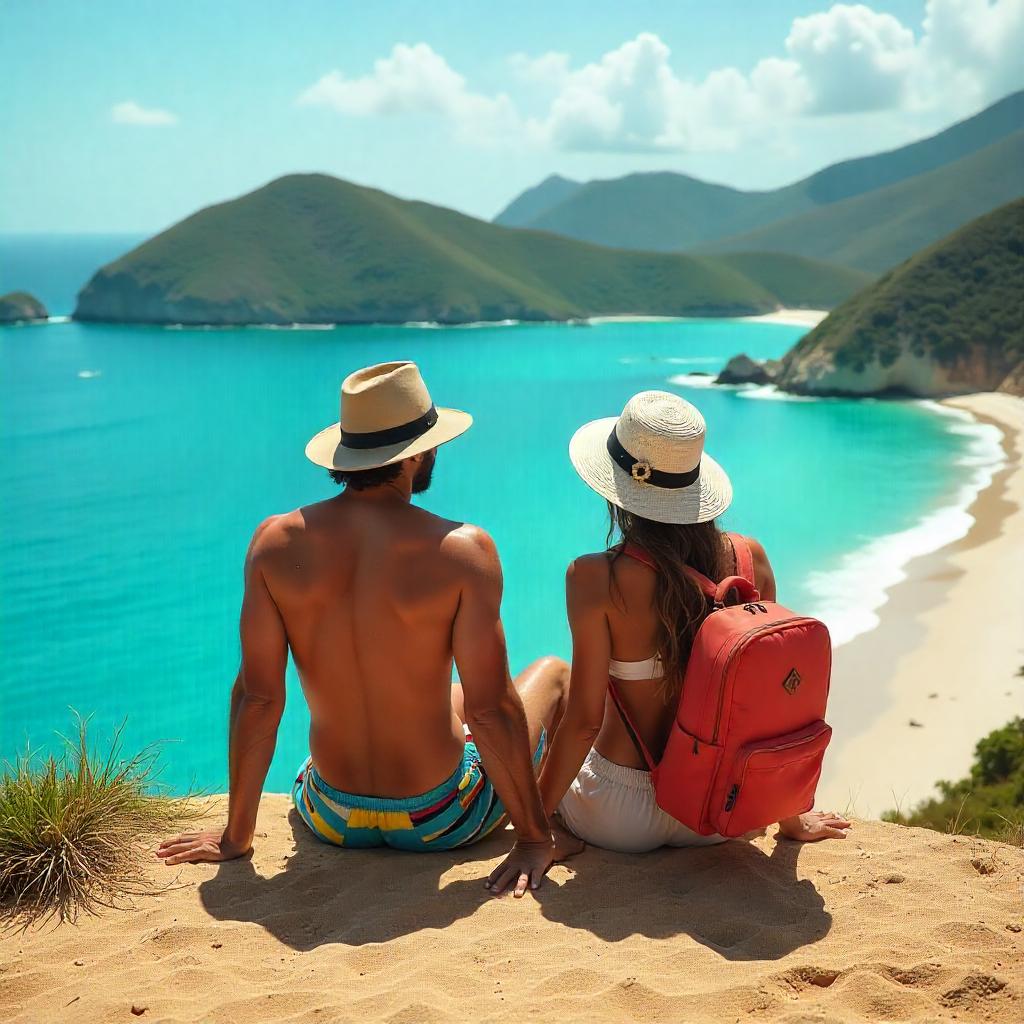 Couple taking a rest on a tropical hillside overlooking a white sandy beach after a nature walk in the BVI