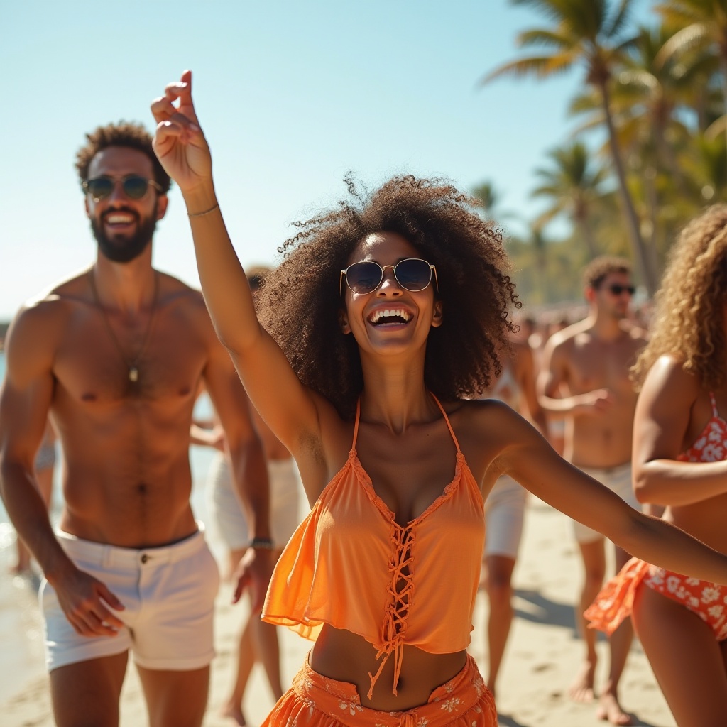 Beautiful young woman dancing in the British Virgin Islands on the beach.