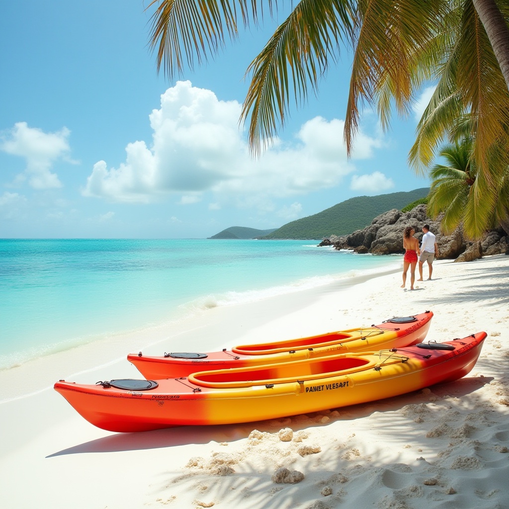 Couple walking along beach with Kayaks sitting in the sand.