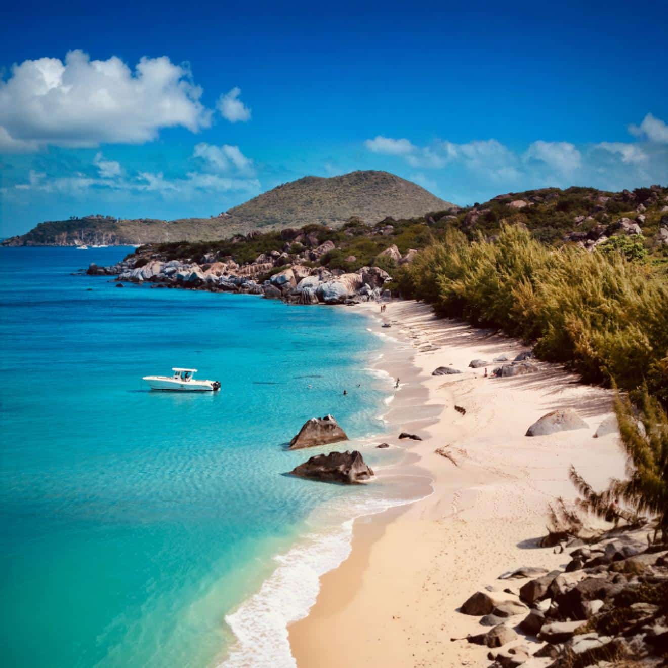 Island Hopping from Beach to Beach with our Powerboat anchored in calm sandy locations.