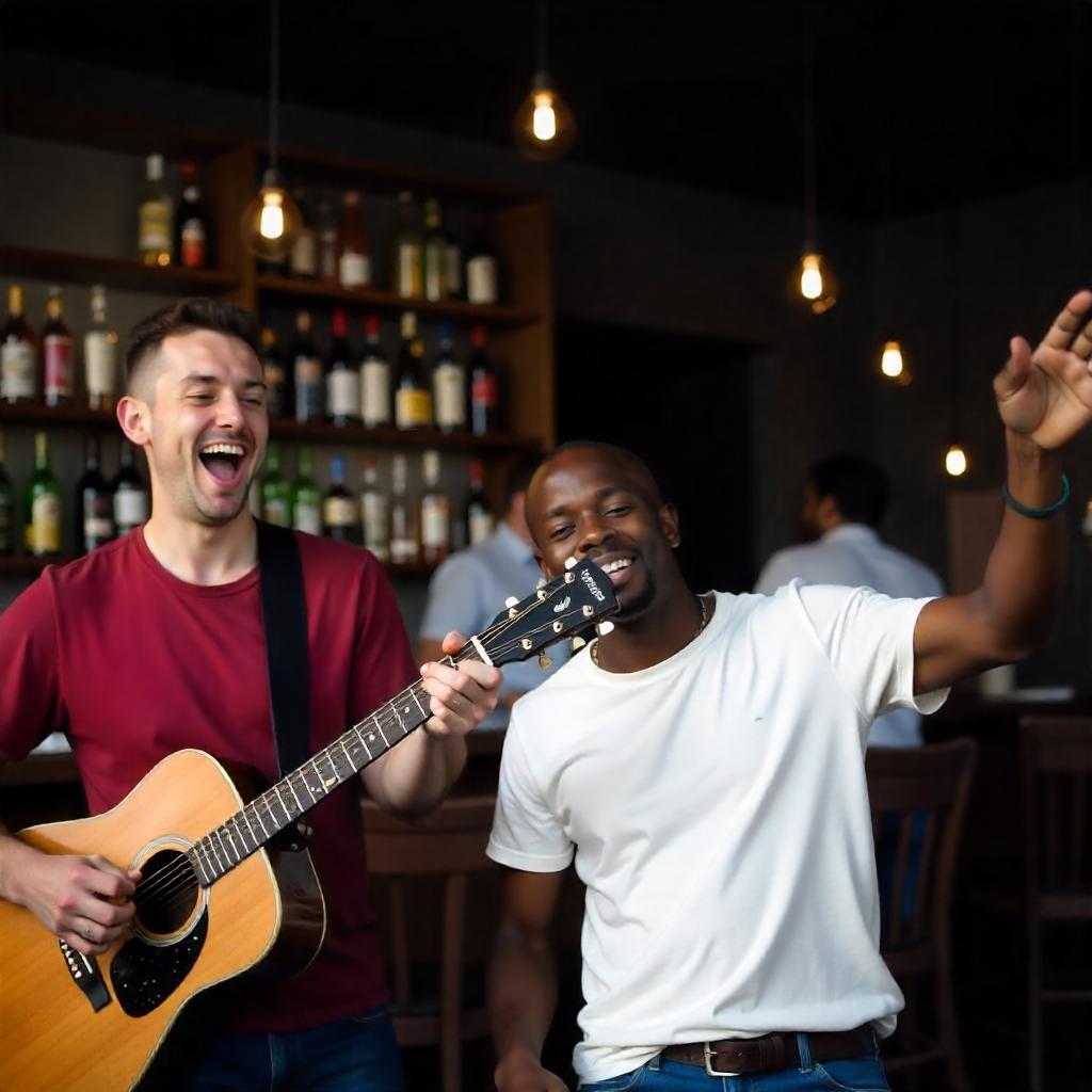 Two men singing island tunes live in a rum bar in the BVI.